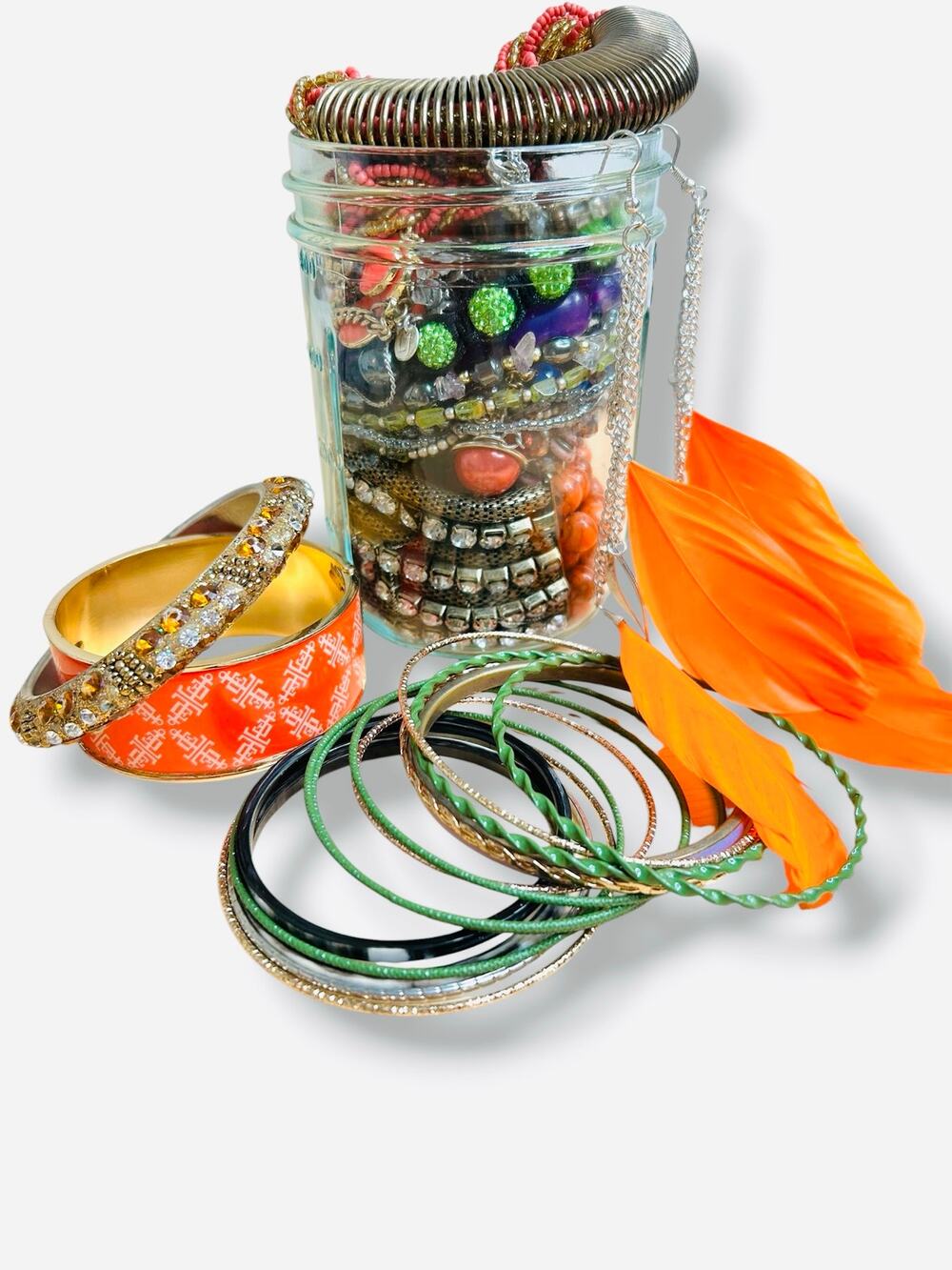 Mixed Jewelry Jar Bright Eclectic Bracelets Necklaces Good Wearable Condition